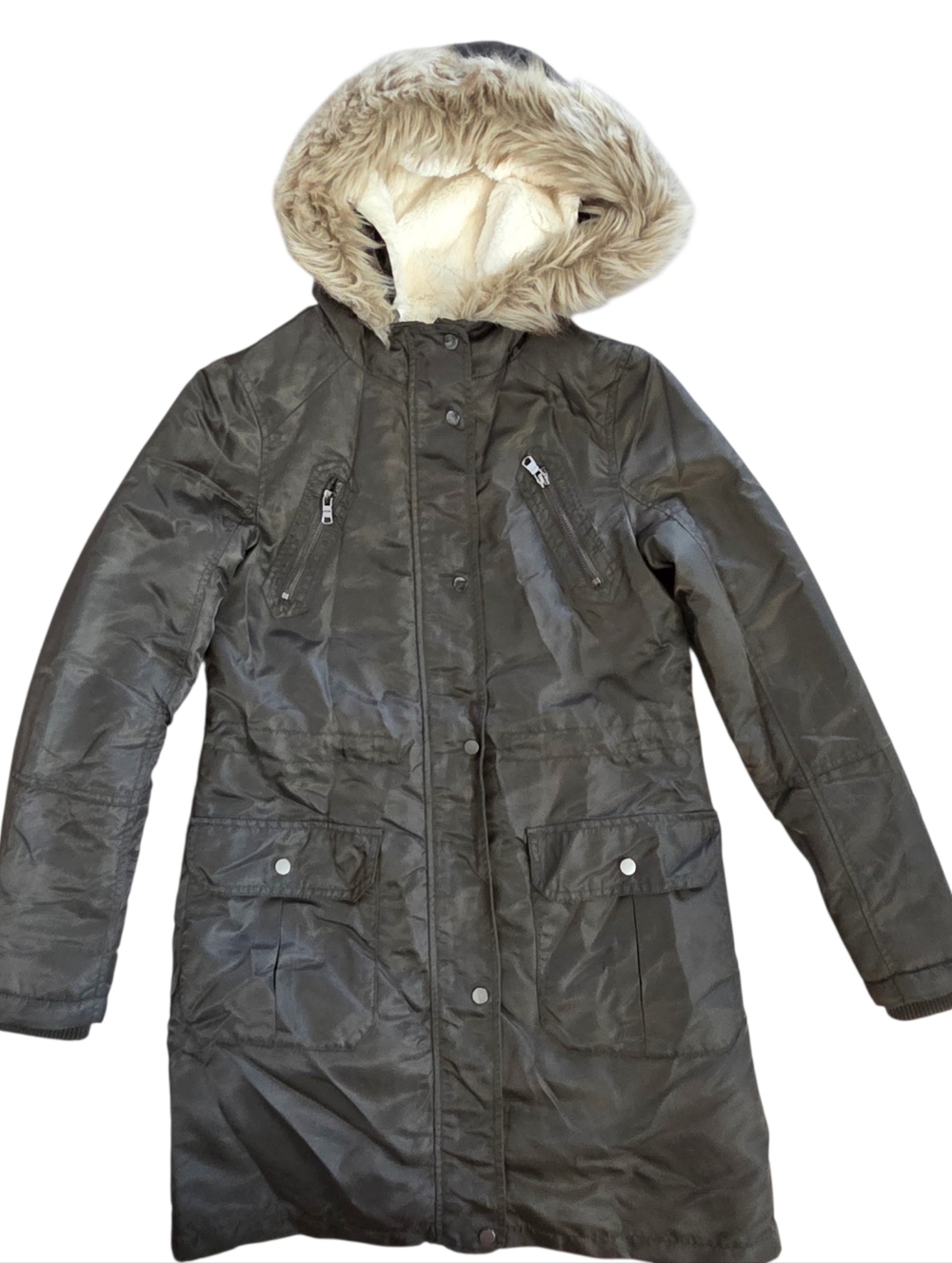 Oasis Women’s Hunter Green Parka Coat Size XS Faux Fur Hood Fleece Lined Utility